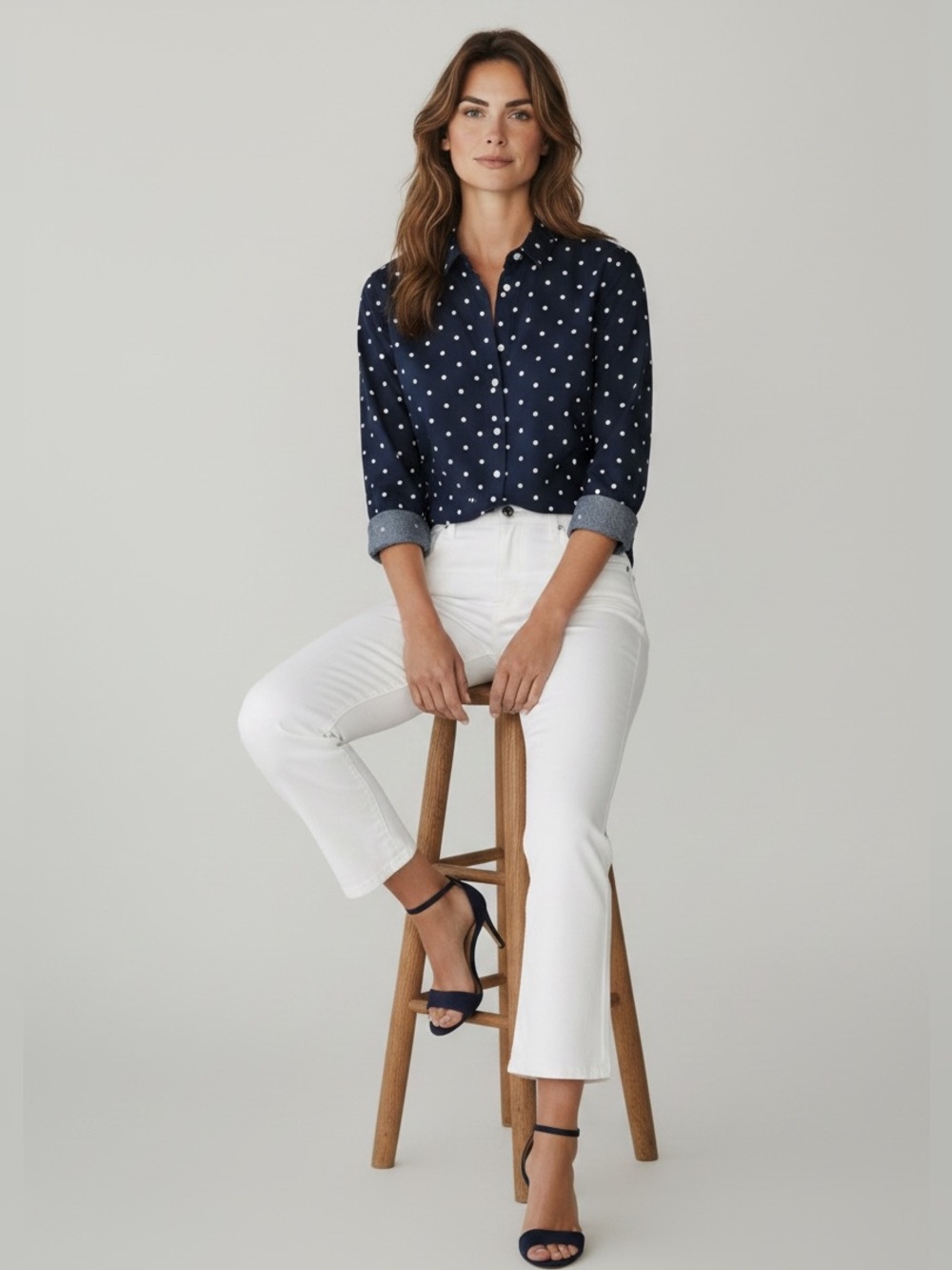 Tommy Hilfiger Women’s Navy Blue White Polka Dot Button-Up Shirt Size Medium